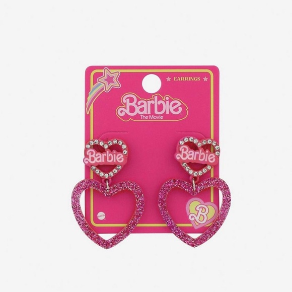 NWT Barbie the Movie Pink Glitter & Crystal Heart Earrings - Picture 3 of 9